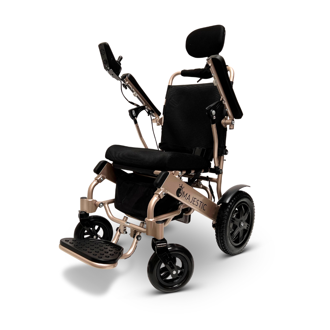 Introducing the ComfyGo MAJESTIC IQ-9000: a lightweight, foldable electric wheelchair featuring a sleek black seat and headrest, a gold frame, and four wheels. It is equipped with footrests and powered by brushless silent motors for enhanced mobility, controlled via a digital joystick.