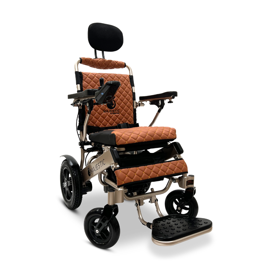 Introducing the ComfyGo MAJESTIC IQ-9000 Auto Recline Remote Controlled Electric Wheelchair: a modern, electric powerhouse featuring brown quilted upholstery, a black headrest, and adjustable armrests. It is equipped with large rear wheels and brushless silent motors for smooth travel, along with a digital joystick controller on the right armrest for precise control.