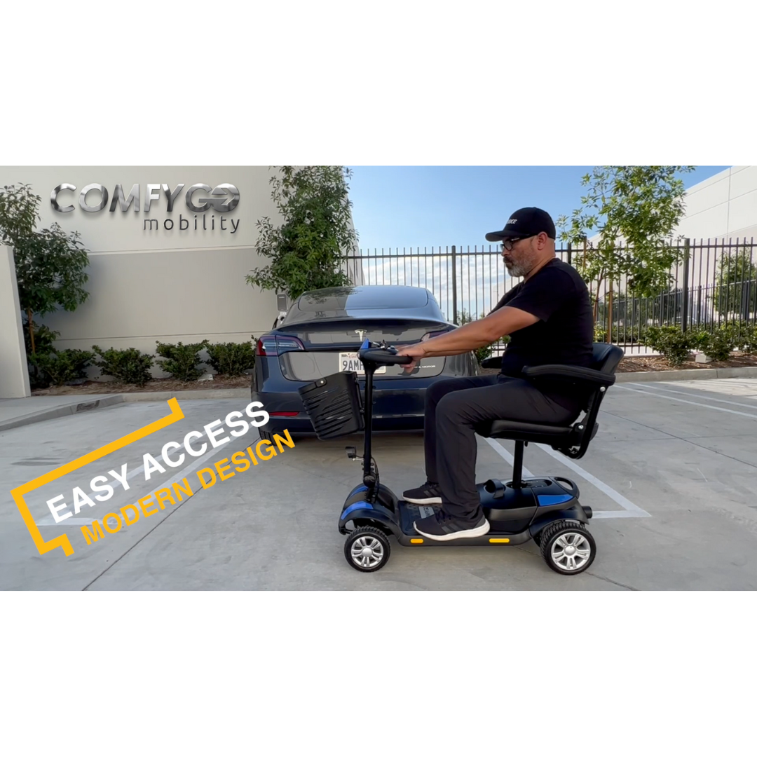 A man rides a black ComfyGo Z-4 Ultra-Light Electric Mobility Scooter—Airline Approved—in a parking lot near a white car and fenced area. Text reads EASY ACCESS and MODERN DESIGN, highlighting its portable mobility solution.