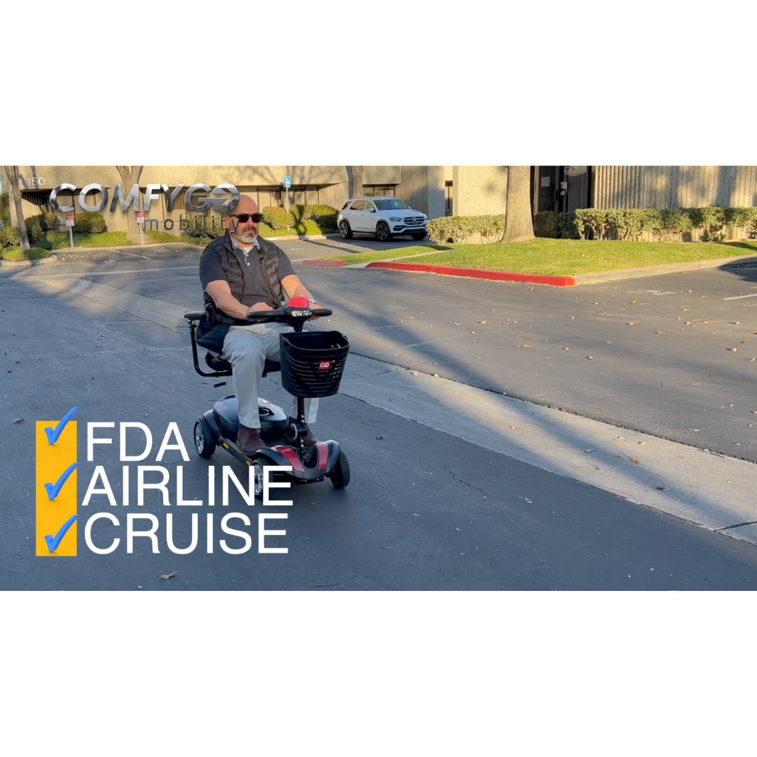 A man rides the ComfyGo Z-4 Ultra-Light Electric Mobility Scooter – Airline Approved, on a paved outdoor path. FDA, AIRLINE, and CRUISE appear with checkmarks, highlighting its portability. The ComfyGO Mobility logo is in the background.