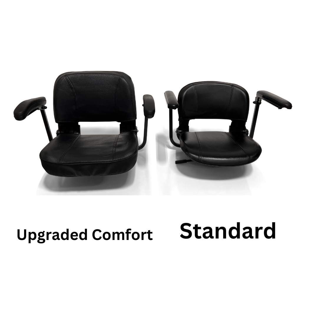 Two black office chairs are side by side. The left chair, Upgraded Comfort, features all-terrain performance with a cushioned seat, while the right, Standard, resembles a compact and portable design like the ComfyGo Z-4 Ultra-Light Electric Mobility Scooter.