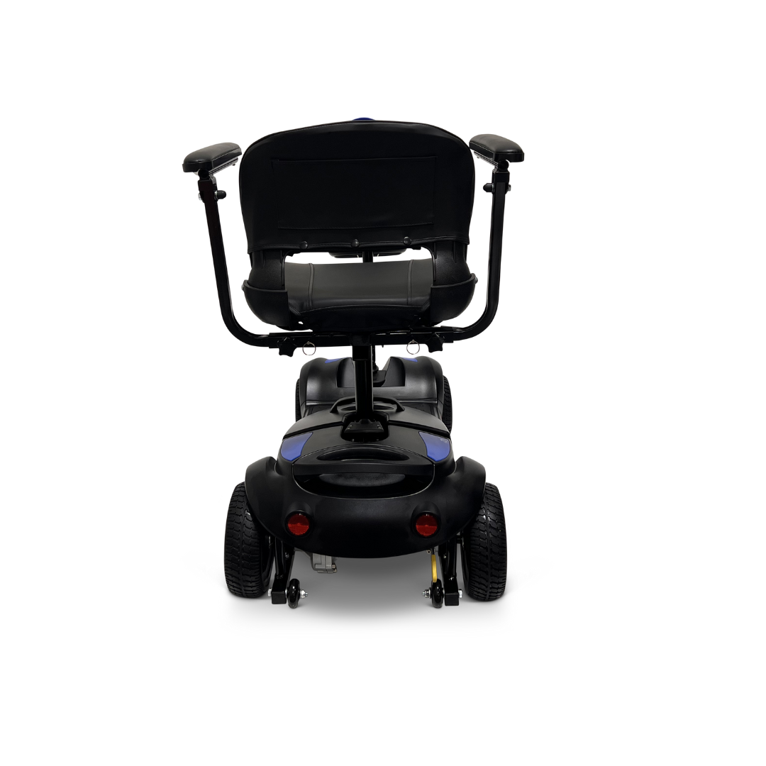 Rear view of the ComfyGo Z-4 Ultra-Light Electric Mobility Scooter, a portable solution with a cushioned seat, four sturdy wheels, and armrests. Ideal for all-terrain performance, it is elegantly set against a white background.