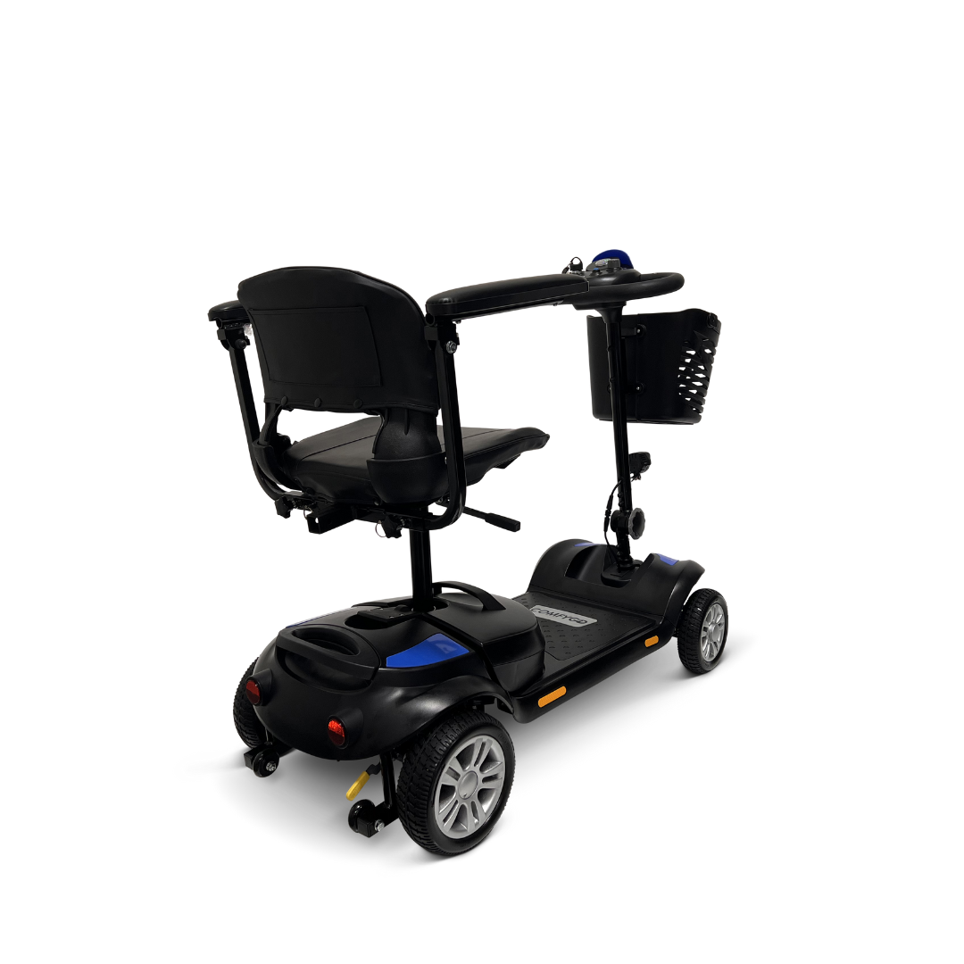 The ComfyGo Z-4 Ultra-Light Electric Mobility Scooter is a compact, portable solution with a sleek black and blue design, featuring a cushioned seat, rearview mirror, and small front basket. Photographed on a plain white background, its ideal for all-terrain performance.