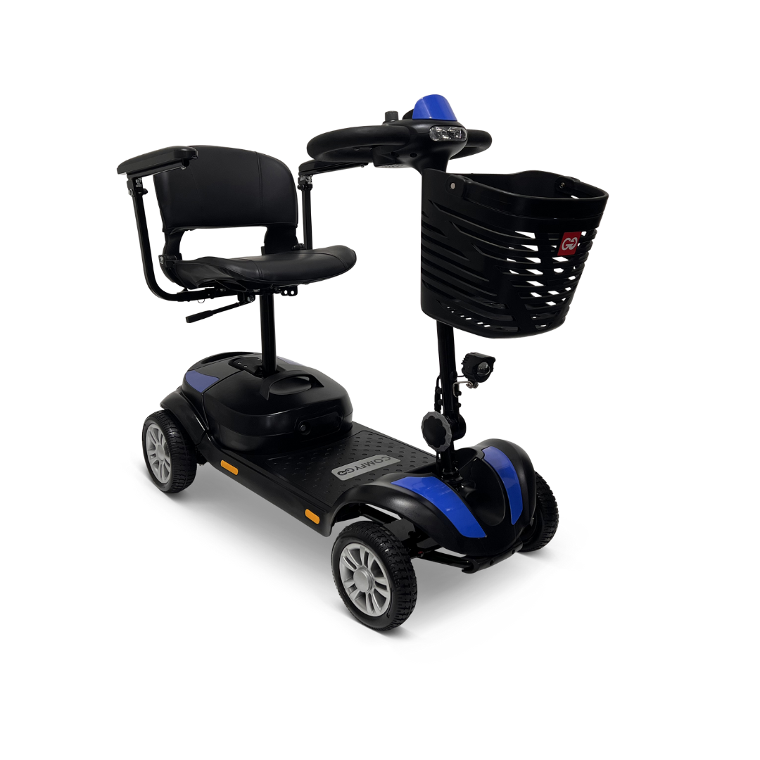 The ComfyGo Z-4 Ultra-Light Electric Mobility Scooter (Airline Approved) features four wheels, a black seat with armrests, a front basket, and blue body accents for comfortable personal transport and reliable all-terrain use.