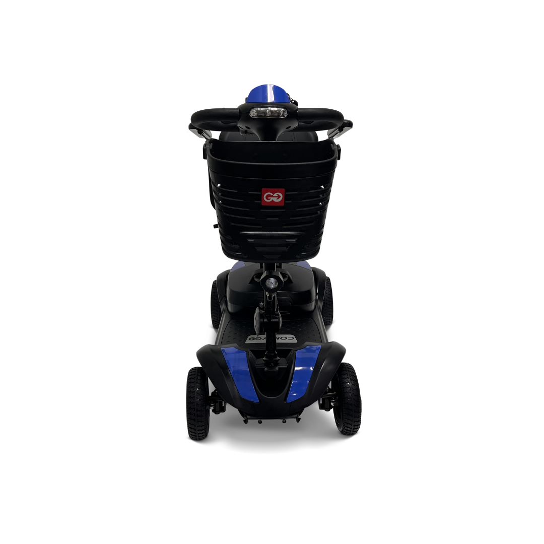 Front view of the ComfyGo Z-4 Ultra-Light Electric Mobility Scooter in blue/black. This portable scooter features a handlebar, front basket, compact design for easy navigation, and delivers excellent all-terrain performance.