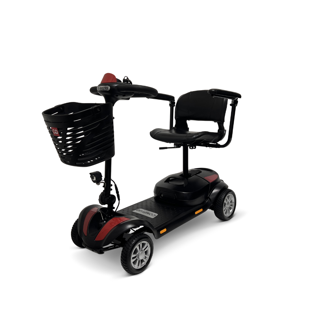 The ComfyGo Z-4 Ultra-Light Electric Mobility Scooter—airline approved in black and red—features four wheels, a front basket, armrests, and padded seat, offering reliable all-terrain personal transportation in a portable design.
