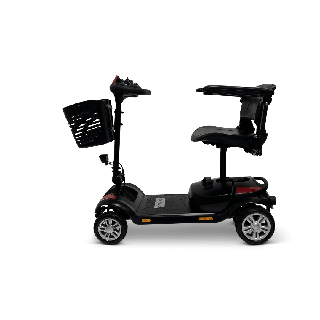 The ComfyGo Z-4 Ultra-Light Electric Mobility Scooter offers all-terrain performance with four wheels, a comfy seat with backrest, intuitive handlebar controls, and a front basket. Shown in side view against a white background, it provides a portable mobility solution.