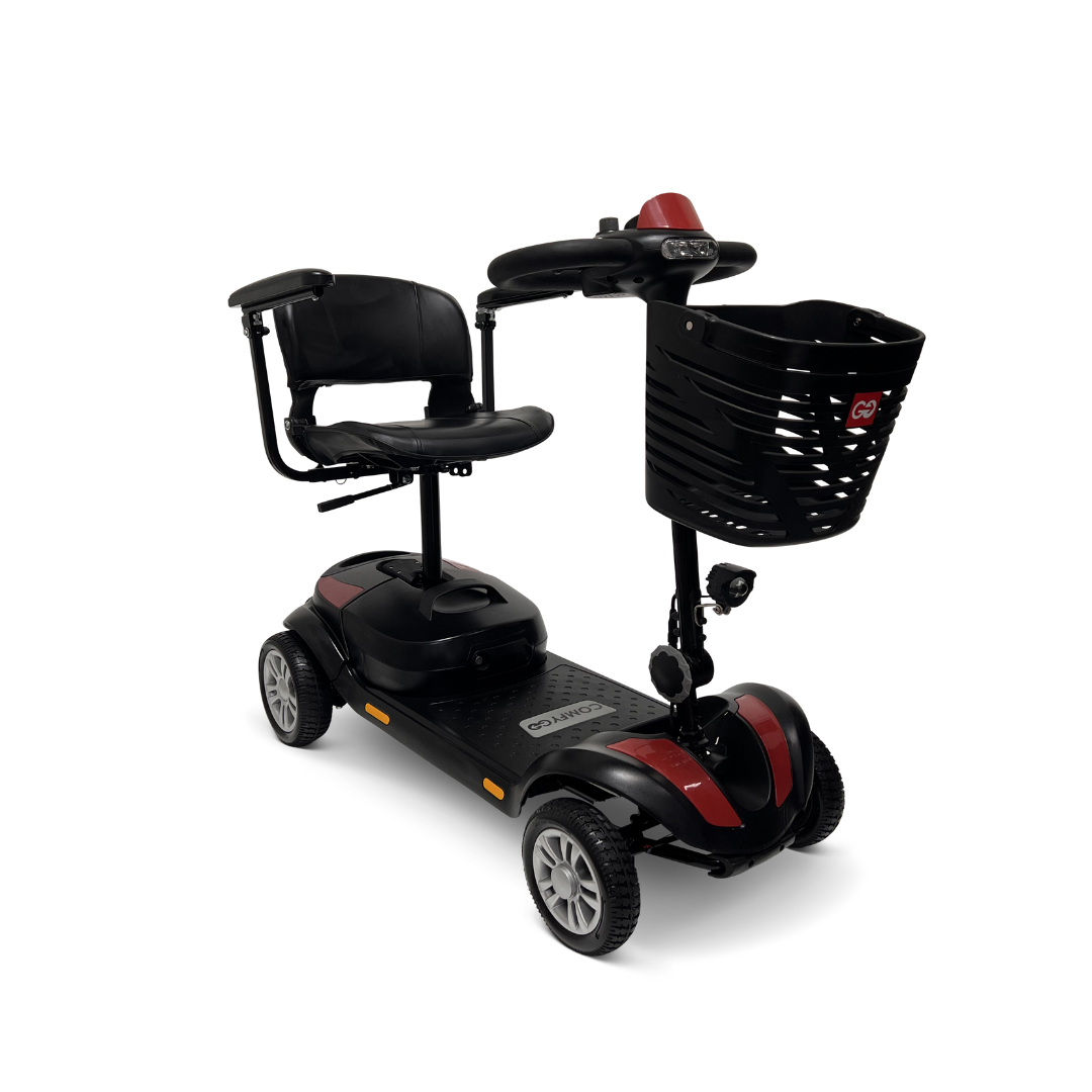 The ComfyGo Z-4 Ultra-Light Electric Mobility Scooter features a sleek black and red design, four wheels, a comfy seat, handlebars, and a front basket. Its compact frame ensures easy maneuverability and portability.