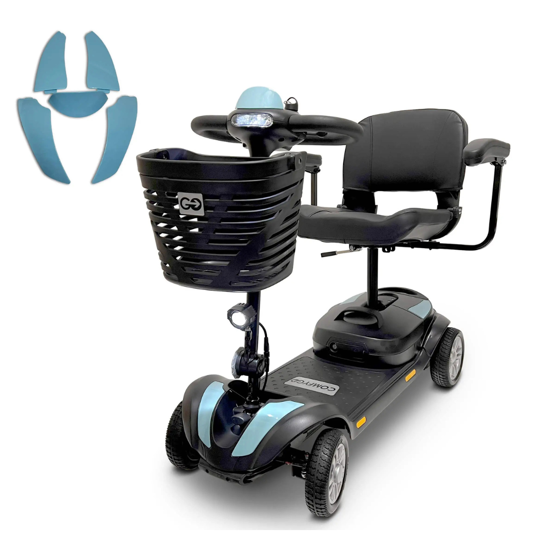 The ComfyGo Z-4 Ultra-Light Electric Mobility Scooter, airline approved in black with blue accent panels, features a front basket, headlights, padded seat with armrests, and four wheels. Blue detachable panels are displayed separately beside the scooter.