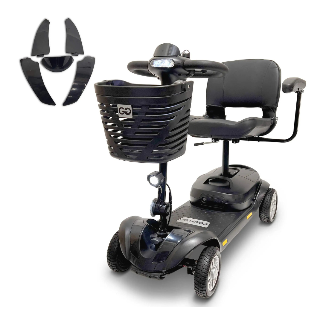 The ComfyGo Z-4 Ultra-Light Electric Mobility Scooter (Airline Approved) is shown in black with a front basket and padded seat, plus three detachable black cover pieces displayed separately on a white background.