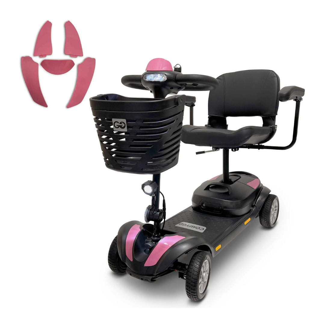 The ComfyGo Z-4 Ultra-Light Electric Mobility Scooter (Airline Approved) in black with pink accents features armrests, a front basket, and headlight. Pink interchangeable panels are shown separately in the upper left on white.