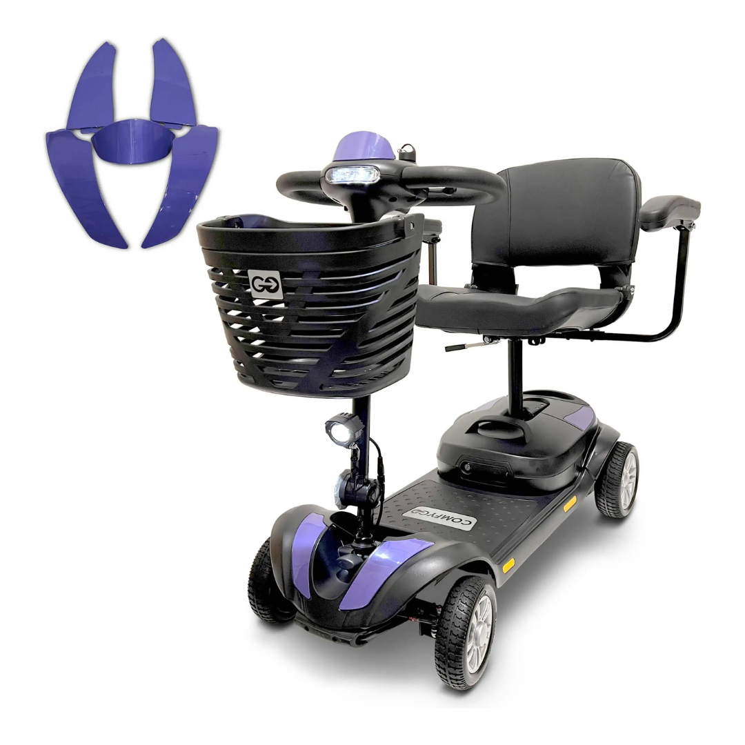 The ComfyGo Z-4 Ultra-Light Electric Mobility Scooter (Airline Approved) in black and purple features a front basket, seat with armrests, and headlight. Extra blue plastic panels are displayed separately to the scooters left.