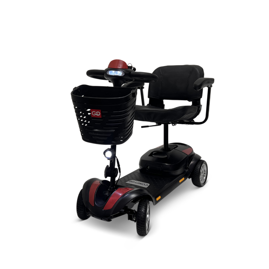 The ComfyGo Z-4 Ultra-Light Electric Mobility Scooter—airline approved—features a convenient basket, offering a portable solution perfect for carrying essentials on the go.