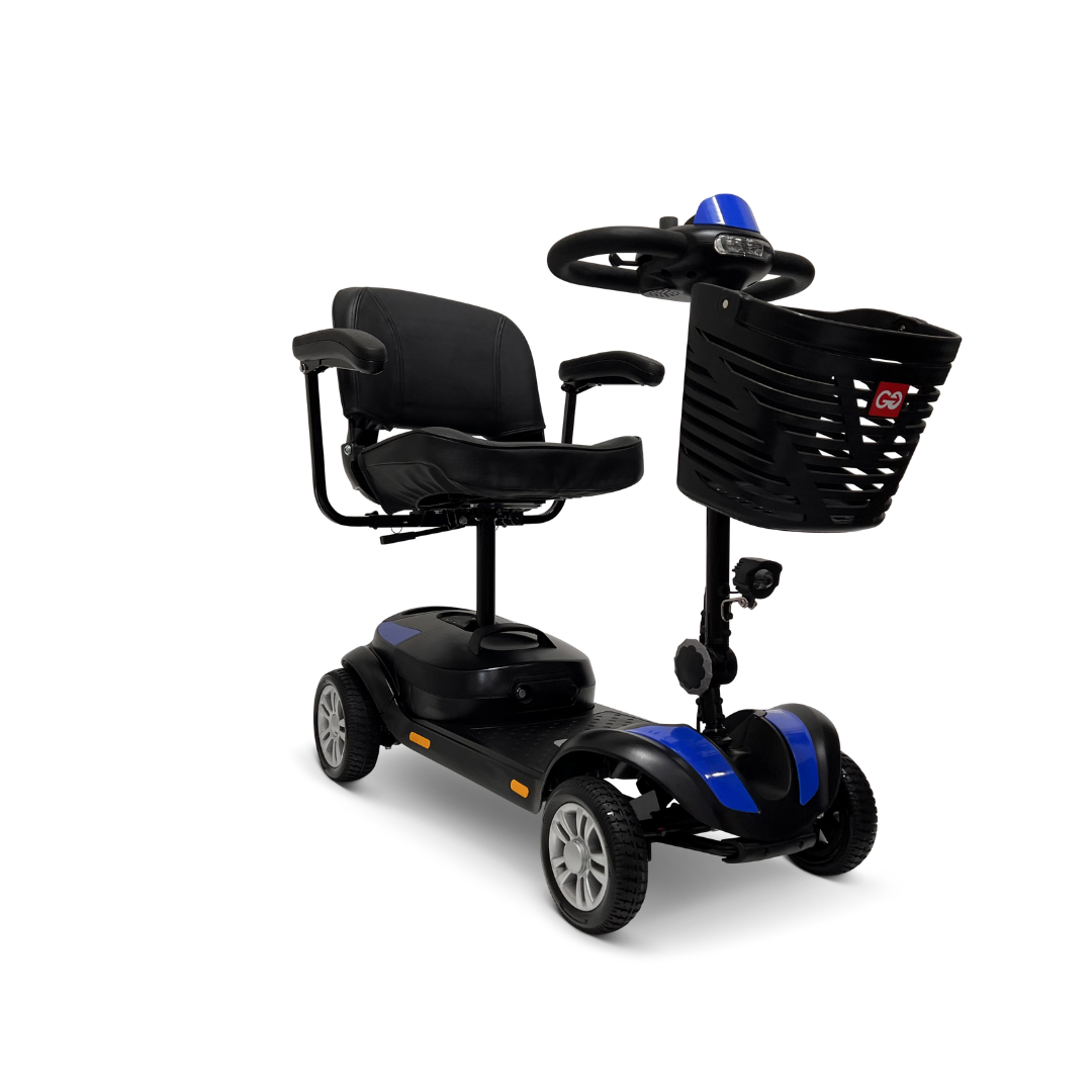 The ComfyGo Z-4 Ultra-Light Electric Mobility Scooter, airline approved and shown on a white background, features four wheels, a seat with armrests, steering column, and front basket for portable mobility.