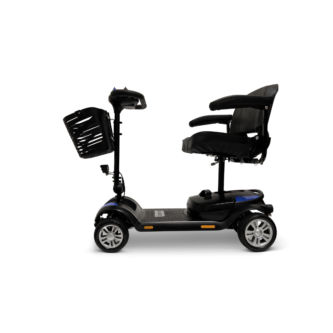 The ComfyGo Z-4 Ultra-Light Electric Mobility Scooter—airline approved—is shown in side view on a white background, featuring a black four-wheel design, padded seat with armrests, front basket, and portable all-terrain performance.
