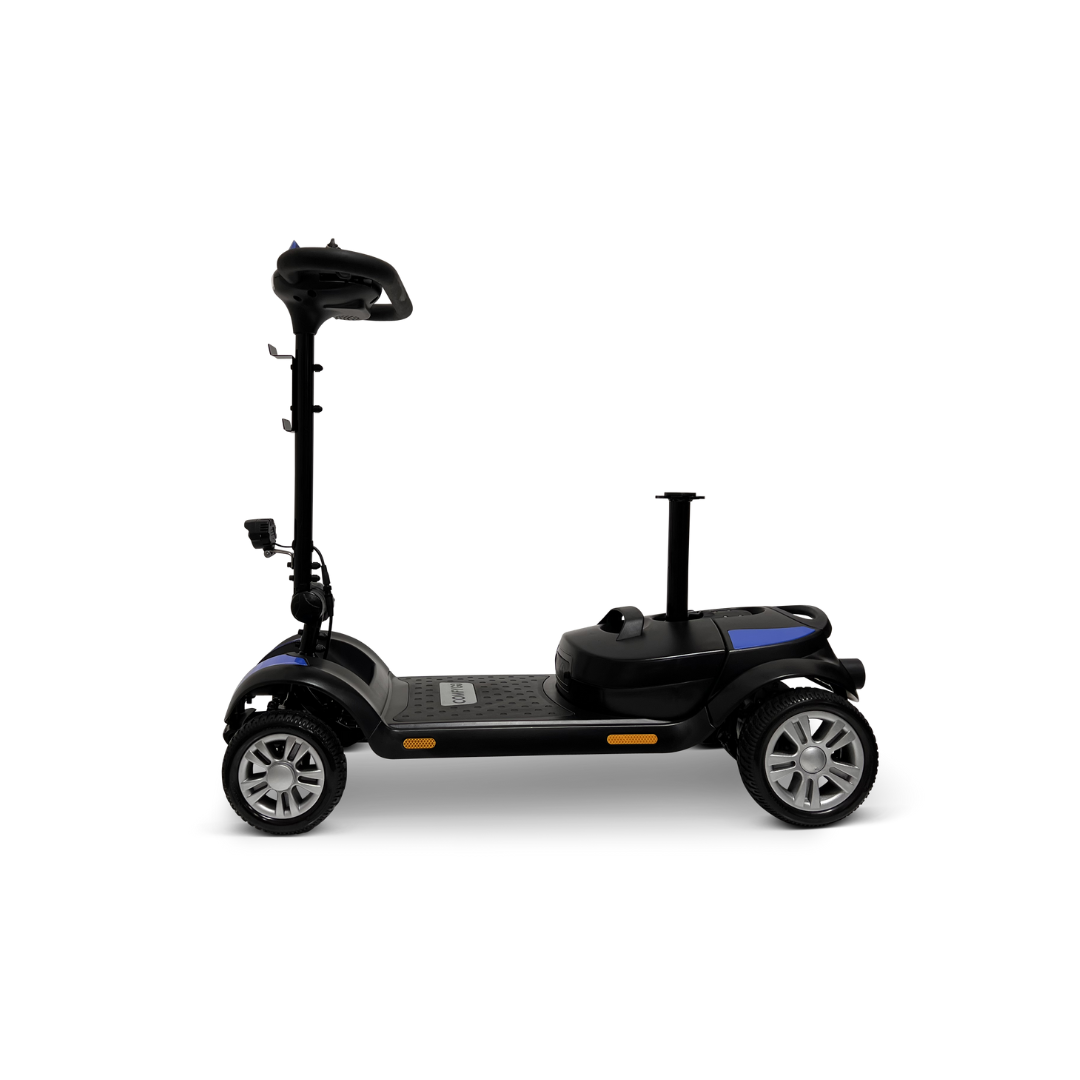 The ComfyGo Z-4 Ultra-Light Electric Mobility Scooter features four large silver wheels, a handlebar, and a seat. Its black and blue design is shown in side view on a white background, showcasing its all-terrain performance as an ideal portable mobility solution.
