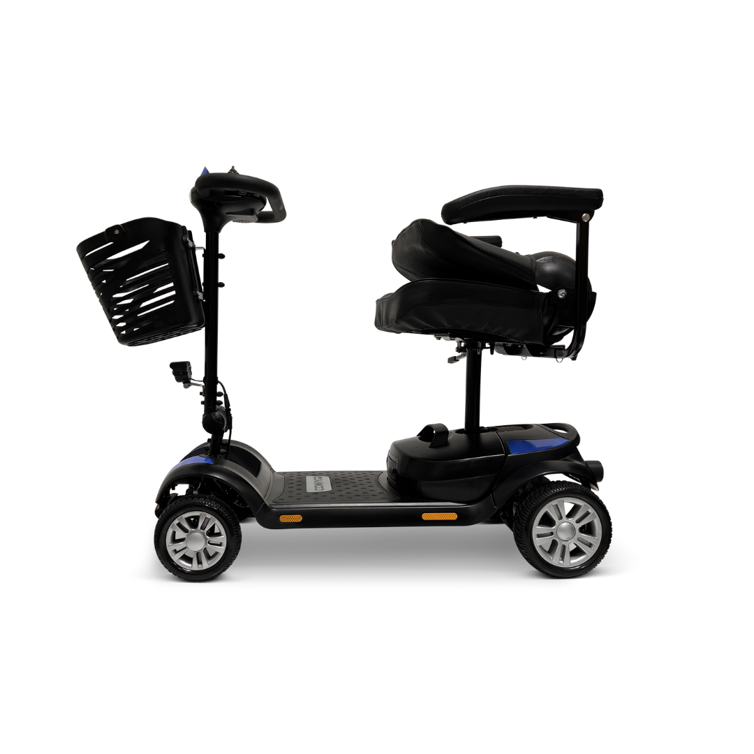 Side view of the ComfyGo Z-4 Ultra-Light Electric Mobility Scooter in black, featuring a front basket, four wheels, armrest-equipped seat, and steering tiller. Its sturdy frame and compact design ensure reliable performance across various terrains.