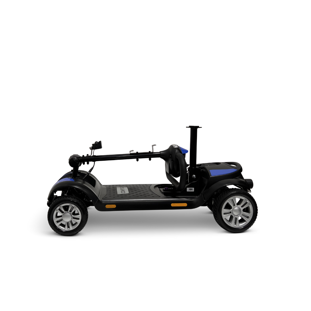 Side view of the ComfyGo Z-4 Ultra-Light Electric Mobility Scooter, showcasing a modern, foldable design with four wheels. It features a sleek black and blue look, handlebars, and a compact base. In its folded position, its ideal for storage or transport while offering all-terrain performance.