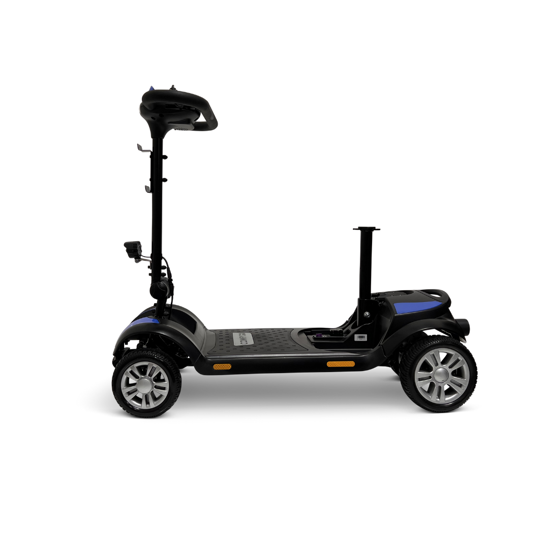 The ComfyGo Z-4 Ultra-Light Electric Mobility Scooter, in black and blue, is a portable four-wheel marvel featuring a seat, handlebars, control panel, all-terrain performance, sleek design elements like headlights and side reflectors for enhanced mobility.