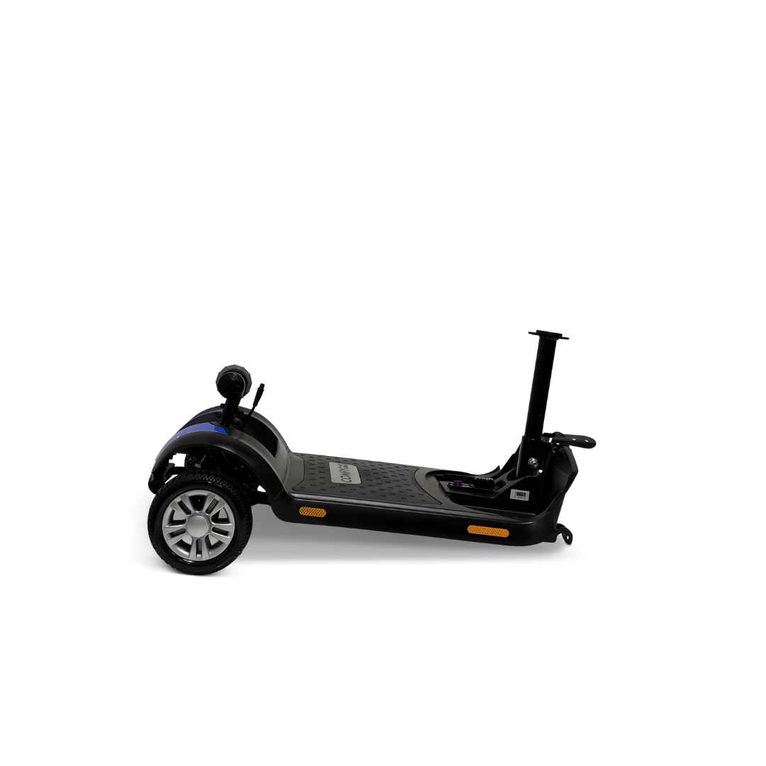 The ComfyGo Z-4 Ultra-Light Electric Mobility Scooter, in sleek black and blue, features a wide footboard and three wheels for stability. It includes a front handlebar, reflective strips, low seating, and delivers superior all-terrain performance.