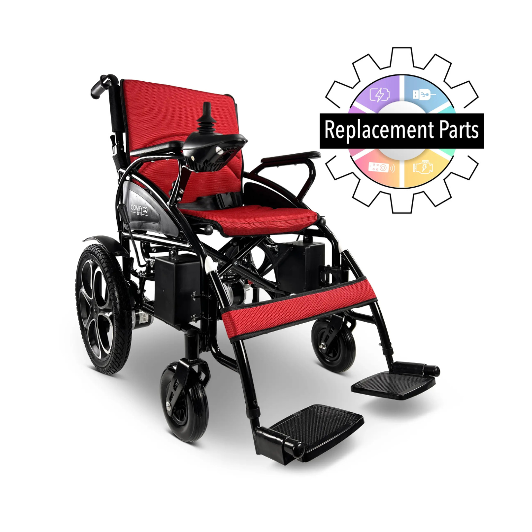 A red and black electric wheelchair with joystick and footrests appears next to a gear icon labeled ComfyGo 6011 Electric Wheelchair Replacement Parts—ideal for finding compatible replacement parts or joysticks.