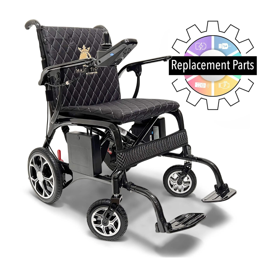The ComfyGo Phoenix Electric Wheelchair Replacement Parts are shown: a black motorized wheelchair with quilted cushioning, arm controls, and footrests sits beside a bold "Replacement Parts" graphic for repair or replacement needs.