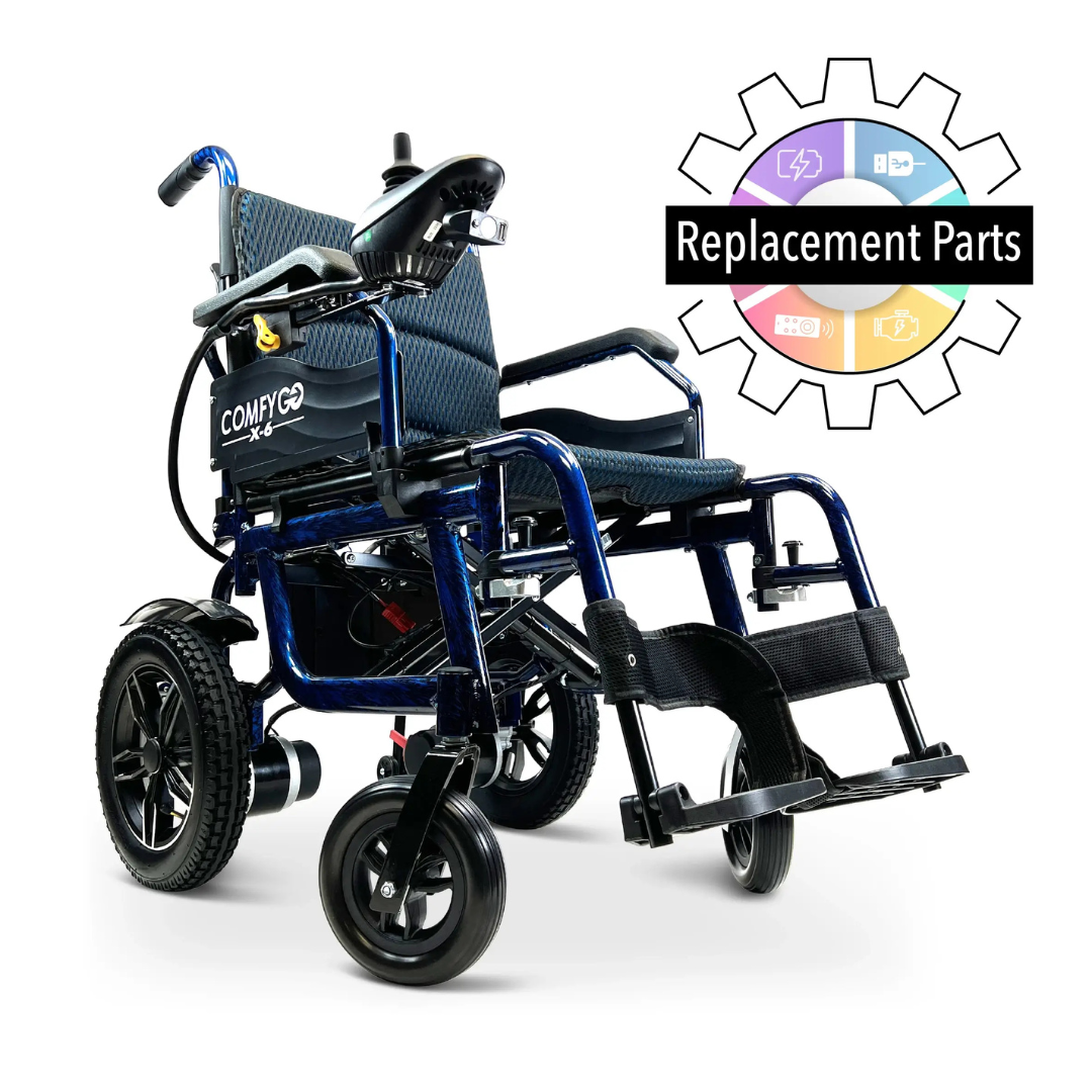 A blue and black electric wheelchair with a joystick is shown beside a colorful gear icon labeled "ComfyGo X-6 Electric Wheelchair Replacement Parts.