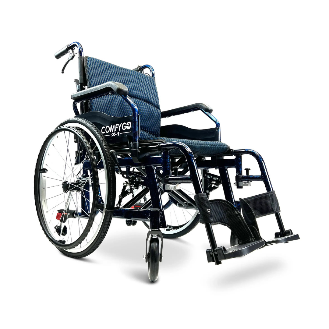 The ComfyGo X-1 Lightweight Manual Wheelchair - Open Box Slightly Used is a black and blue wheelchair with footrests, hand rims, and cushioned seat and backrest.