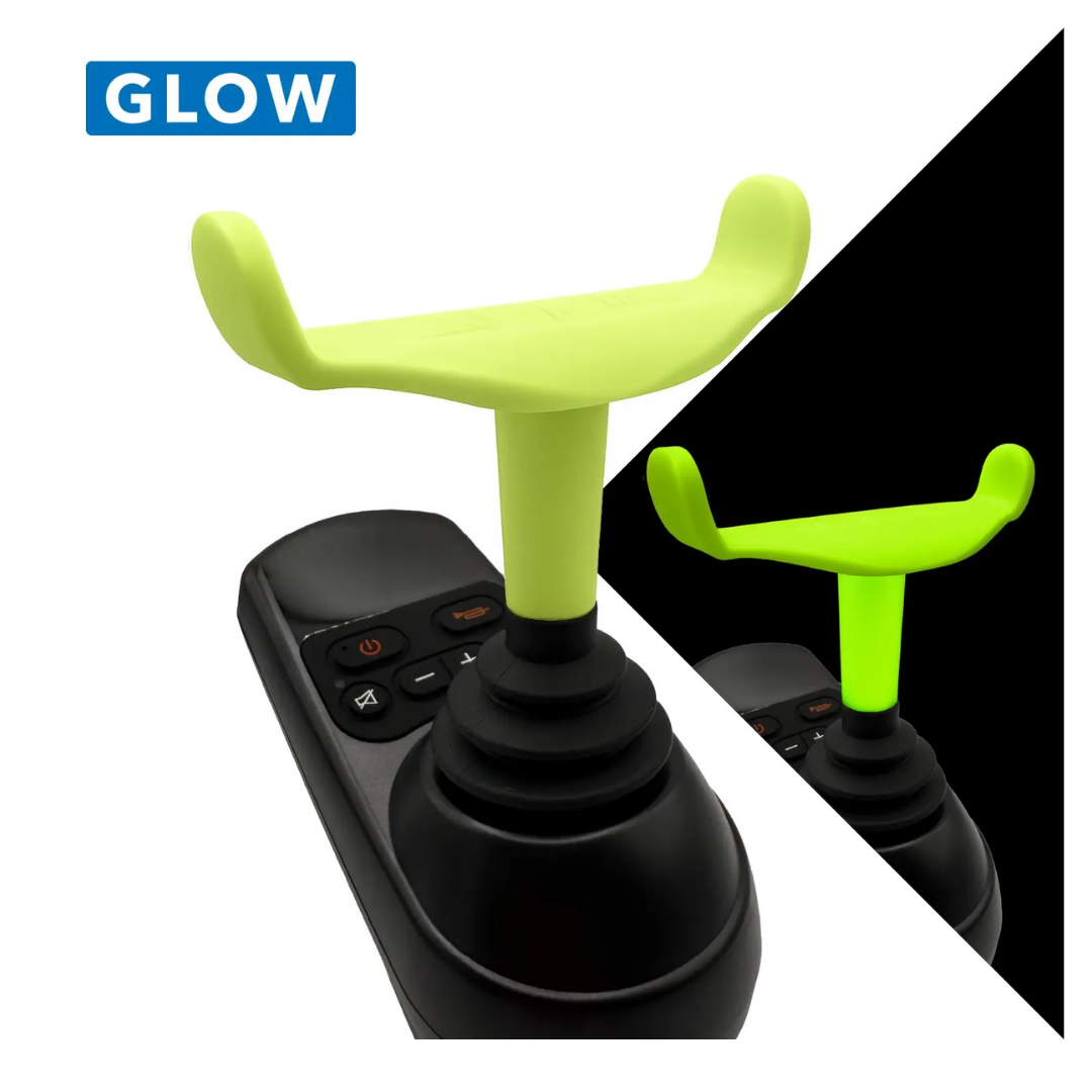 The ComfyGo Ergonomic U-Shaped Joystick Handle with Flex Shaft for Powerchairs is shown in bright yellow-green on a black power chair joystick base. GLOW appears in a blue box; an inset shows the handle glowing on a black background.
