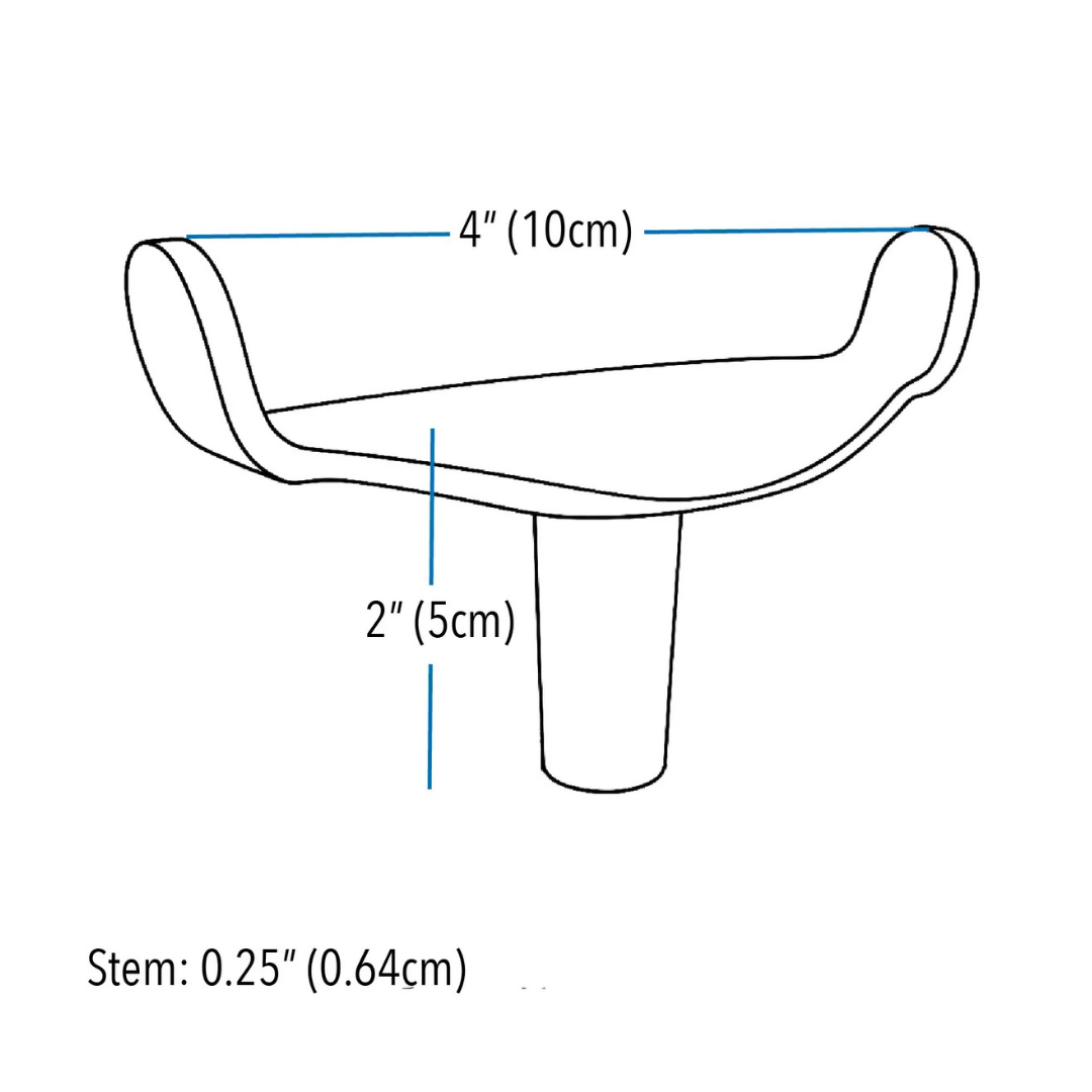Line drawing of the ComfyGo Ergonomic U-Shaped Joystick Handle for powerchairs, featuring a 4-inch (10 cm) wide, 2-inch (5 cm) tall cap and a 0.25-inch (0.64 cm) thick stem with flex shaft.