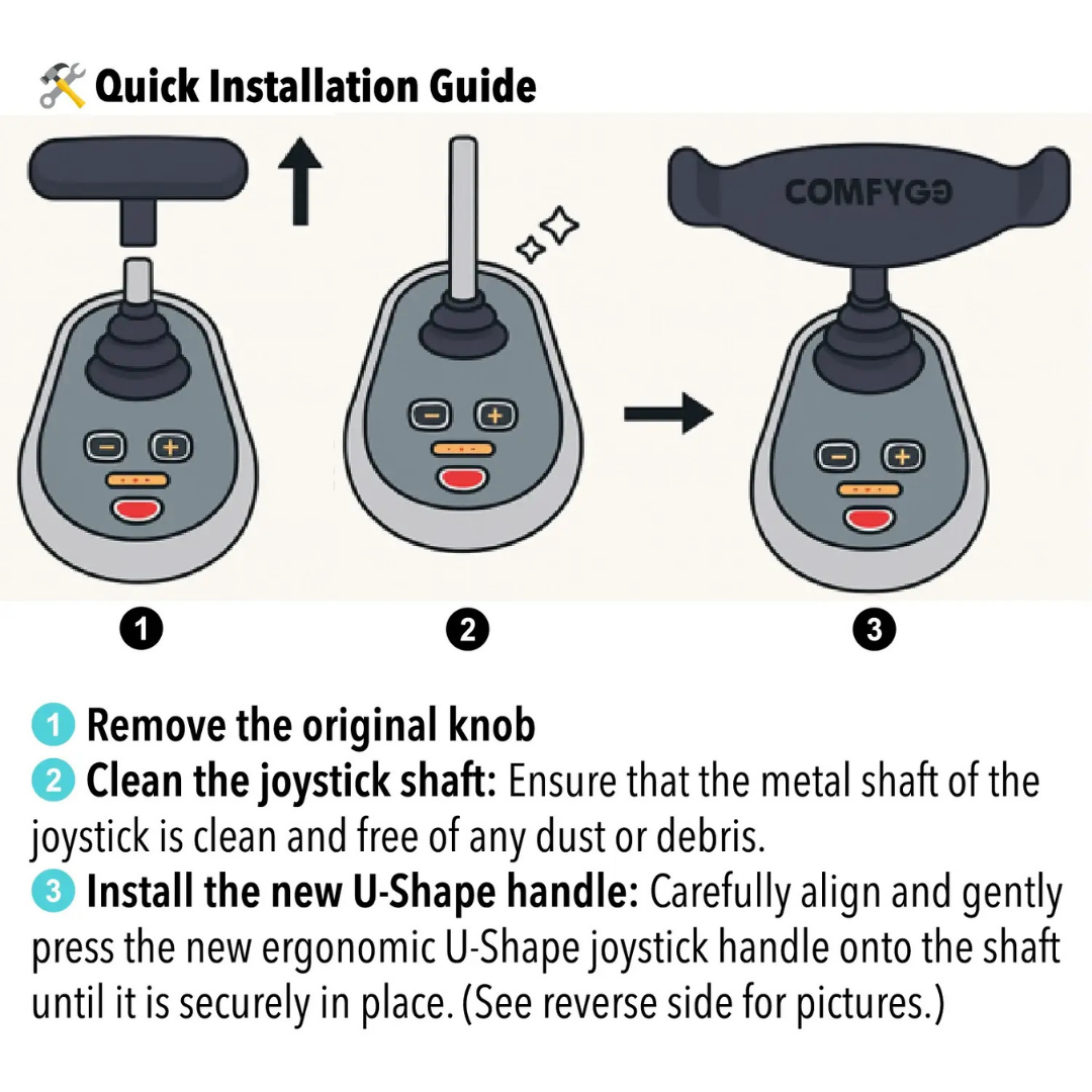 Step-by-step guide: Remove the old joystick knob, clean the shaft, and press on the ComfyGo Ergonomic U-Shaped Joystick Handle with Flex Shaft for Powerchairs until it’s secure.