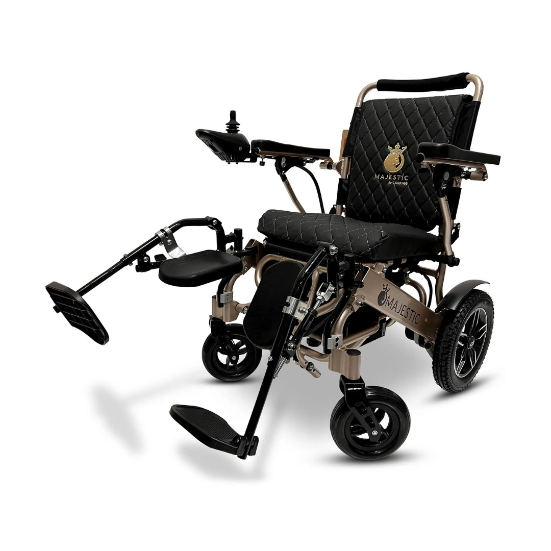 The ComfyGo Elevating Legrest Set is compatible with the IQ-8000 and IQ-9000 electric wheelchairs, offering adjustable support for comfort and convenience.