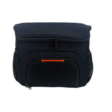 A black insulated lunch bag with zippered closures, front pocket with an orange label, and mesh side pockets—ideal for carrying your Dashmoto Accessories For Dash 3 Scooter or snacks, shown against a white background.