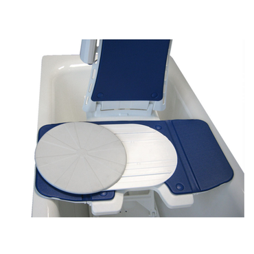 The Vitaturn Swivel and Transfer Aid is a blue and white bath lift seat with a round gray swivel cushion, positioned on a bathtub and designed to assist with safe transfers in and out of the tub.