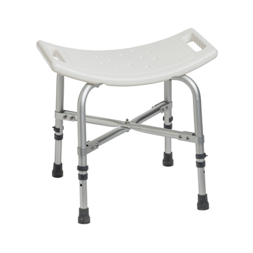 The Drive Deluxe Bariatric Shower Chair with Cross-Frame Brace is a white, curved heavy-duty bath bench featuring side handles and adjustable metal legs with rubber tips for enhanced safety and stability.