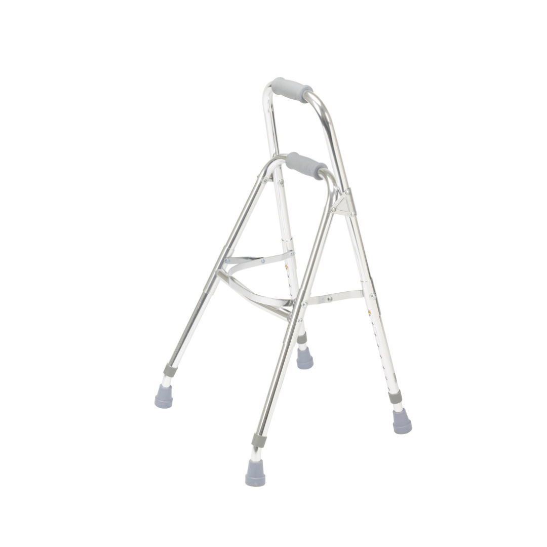 The Drive Folding Side Hemi-Walker is a lightweight, silver metal mobility aid with four legs, rubber tips for stability, and two padded handles for dependable walking support.