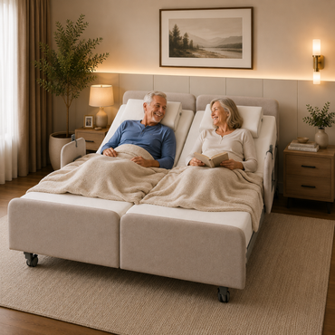 An elderly couple smiles at each other while relaxing in an Elevra Deluxe Rotating Lift Assist Bed - Dual king. The cozy bedroom features warm lighting, a nightstand, a lamp, and framed art as one person enjoys reading in comfort.
