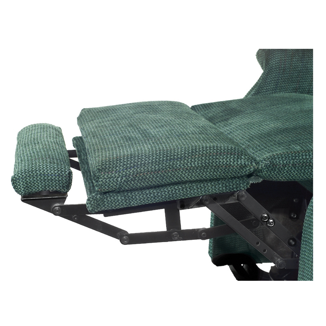 Close-up of a Golden Technologies Lift Chair Upgrades leg rest in green woven fabric, extended to reveal its metal support and HeatWave Technology cushioning for superior comfort and relaxation.