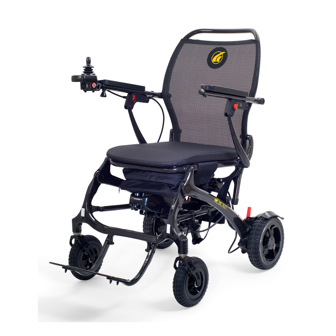 The Golden Tech Carbon Fiber Cricket Power Wheelchair has a soft removeable and washable cushion with an ergonomic backrest