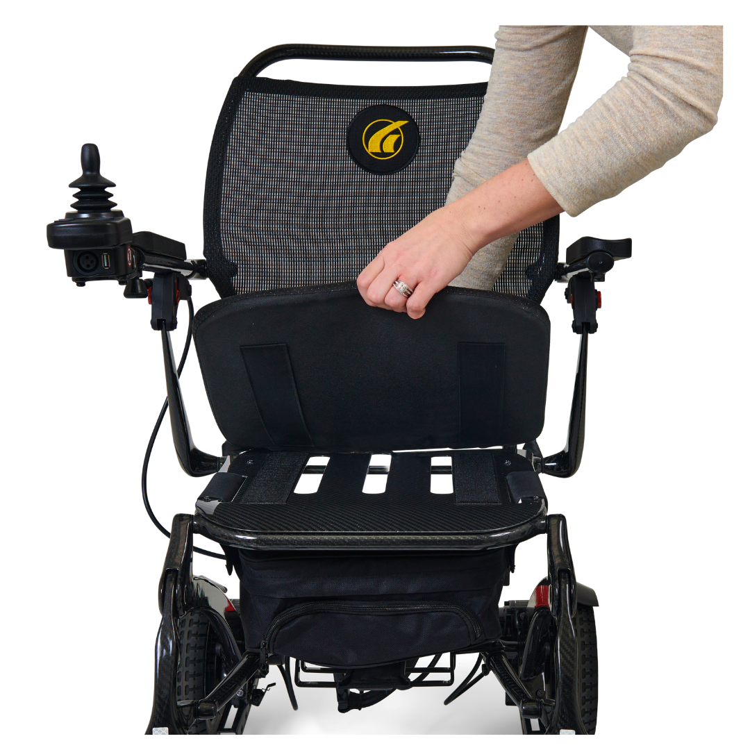 The seat can be removed and washed for cleanliness on the Golden Tech Carbon Fiber Cricket Power Wheelchair