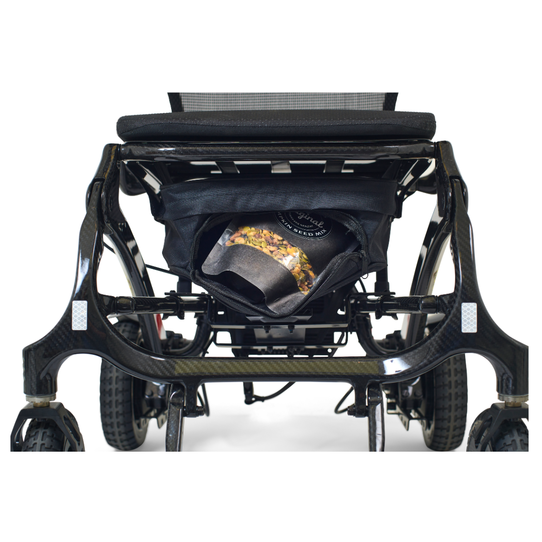 a convenienet under seat bag comes with every Golden Tech Carbon Fiber Cricket Power Wheelchair
