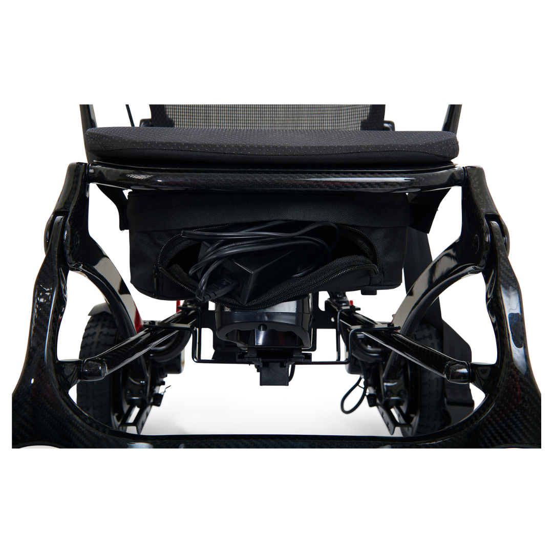 The battery is placed directly under the seat on the GP302 Golden Tech Carbon Fiber Cricket Power Wheelchair