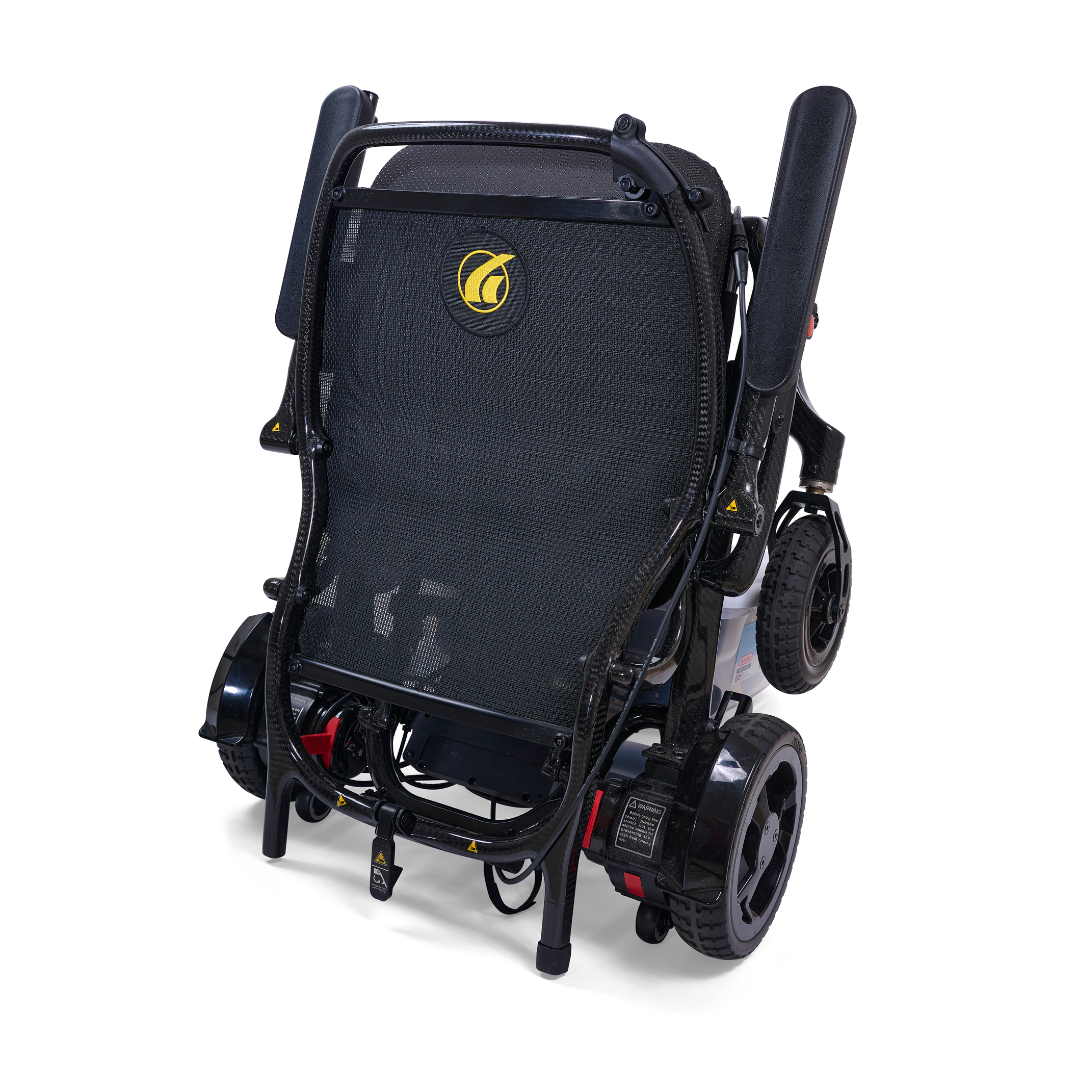 the Golden Tech Carbon Fiber Cricket Power Wheelchair folds for easy transport