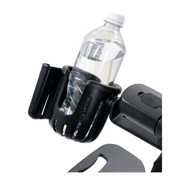 A black plastic bottle holder attached to a stroller holds a capped clear water bottle filled with water. It includes a compartment for small items like a wireless remote and complements the Golden Tech Accessories for the Ally Powerchair perfectly.