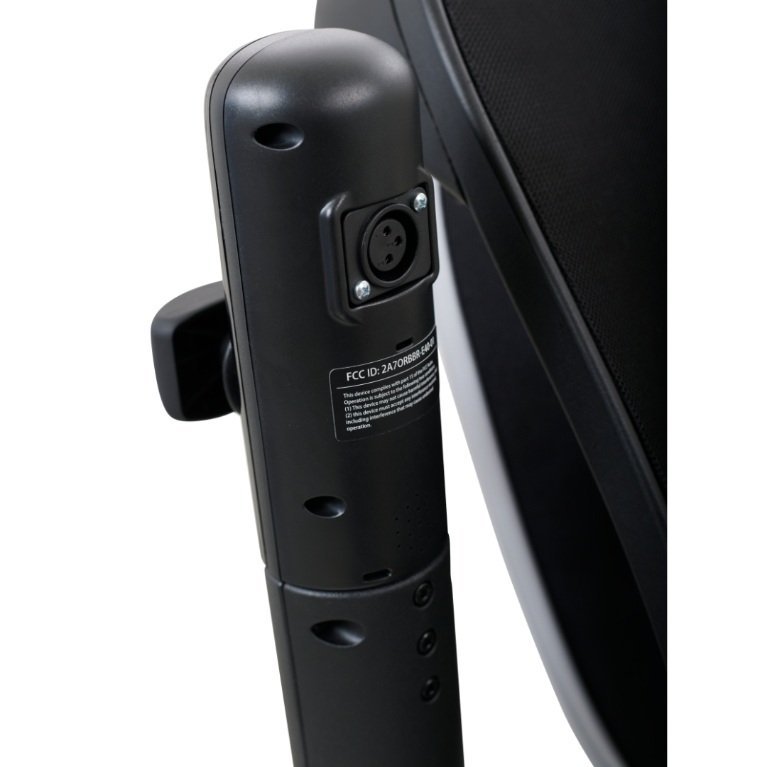 A close-up of the connector on a black metal pole, part of the sleek and modern Golden Tech Ally Folding Power Wheelchair with Mobile App Control. It features a label displaying an FCC ID, visible screw holes, and a textured finish—ideal for the ultimate travel companion.