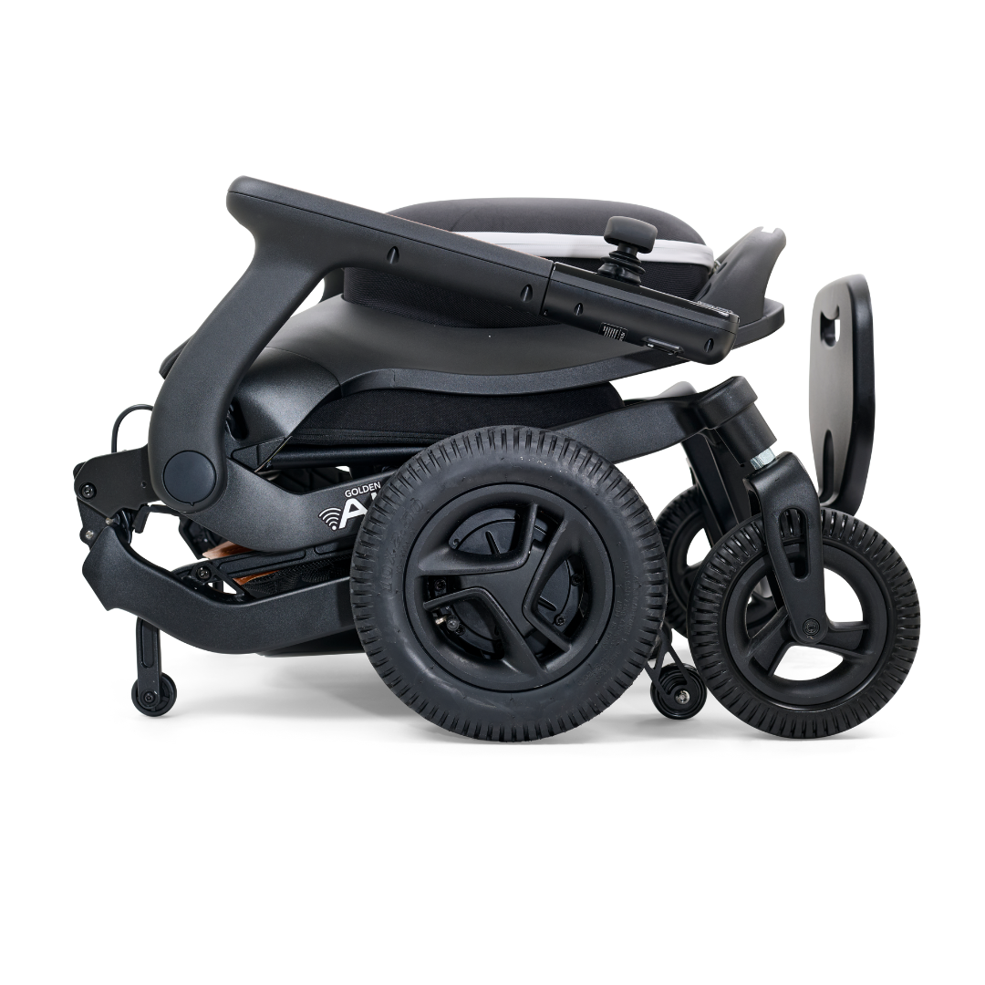 The Golden Tech Ally Folding Power Wheelchair offers compact, foldable convenience with large rear and smaller front wheels, perfect for travel. Its sleek design includes a handlebar and seat for portability and functionality, while the Smart Control Mobile App enhances your journey.