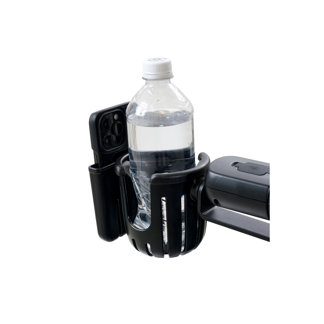 Close-up of Golden Tech Accessories for the Ally Powerchair, featuring a versatile cup and phone holder that securely attaches to a stroller handle. It holds a water bottle and smartphone, providing easy access to essentials while walking or running for added convenience on the go.