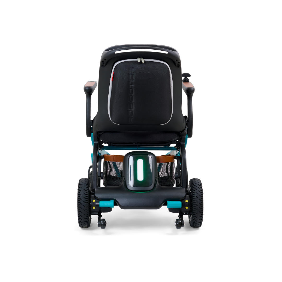 Rear view of the Golden Tech Ally Folding Power Wheelchair. This sleek travel companion is predominantly black with teal accents, features large rubber wheels for stability, a cushioned backrest with a zippered pocket, and an elevated seat for comfort on the go. Includes mobile app control.