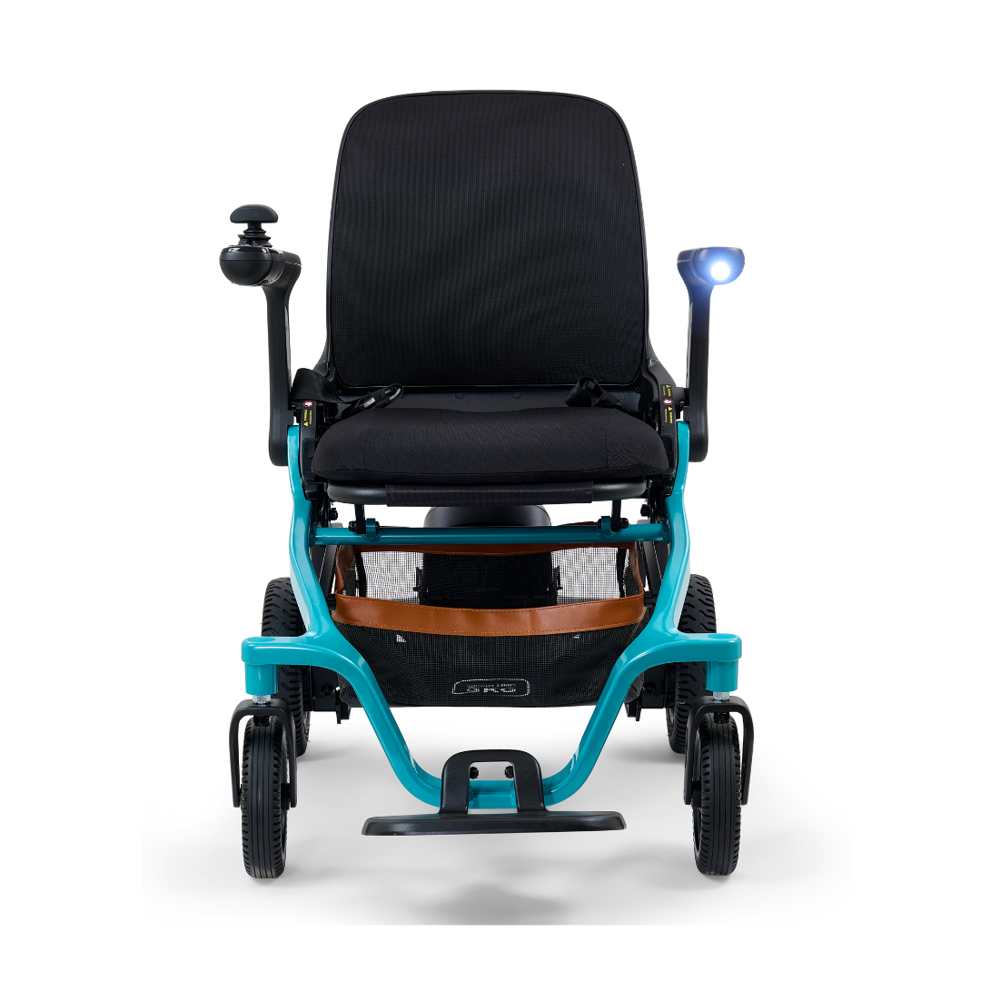 Front view of the contemporary Golden Tech Ally Folding Power Wheelchair with a teal frame and black seat. It has a joystick on the right armrest, a light on the left, and offers mobility assistance. Ideal for travel, it also features mobile app control for seamless adventures.