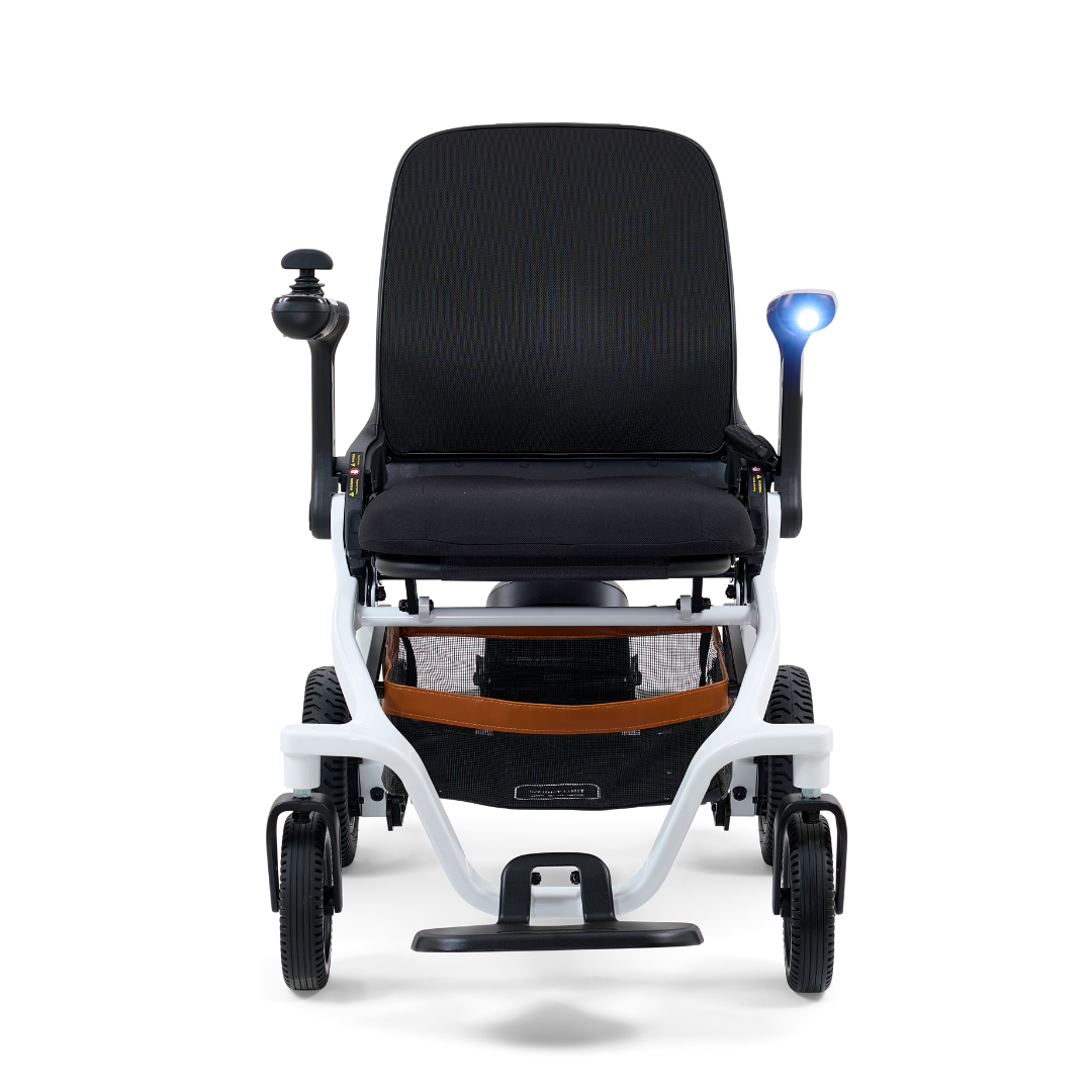 Front view of a Golden Tech Ally Folding Power Wheelchair featuring a black cushioned seat, left-arm joystick, blue-lit right handle, four wheels, and an under-seat mesh basket.